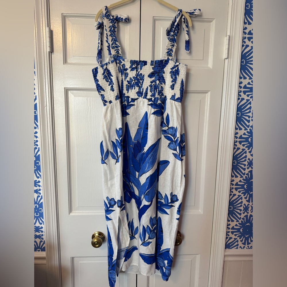 NWT Calypso St. Barth Blue and White Botanical Midi Dress - Picture 3 of 6